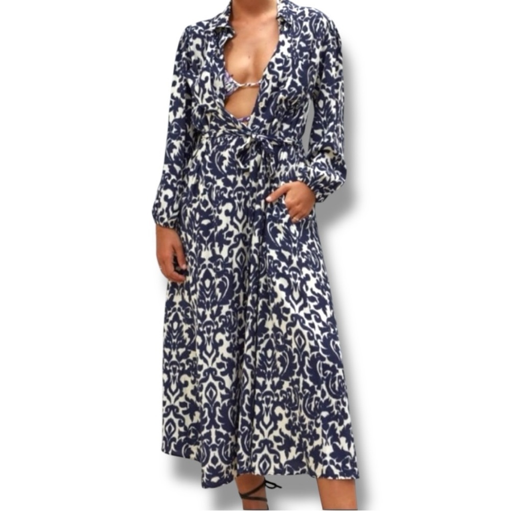 Zara Emilie Vicose Printed Damask Belted Midi Dress Size Large Blue Cream
